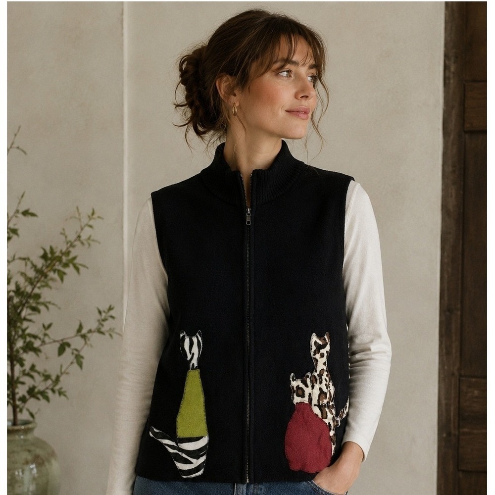 Penningtons Women's 2X Fancy Cat Lady Black Boiled Wool Vest Appliqued Cats